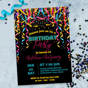 Colourful Confetti and Streamers Birthday Party Invitation