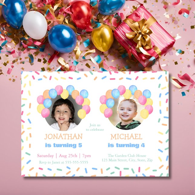 Colourful Confetti Balloon Photo Joint Birthday Invitation (Creator Uploaded)