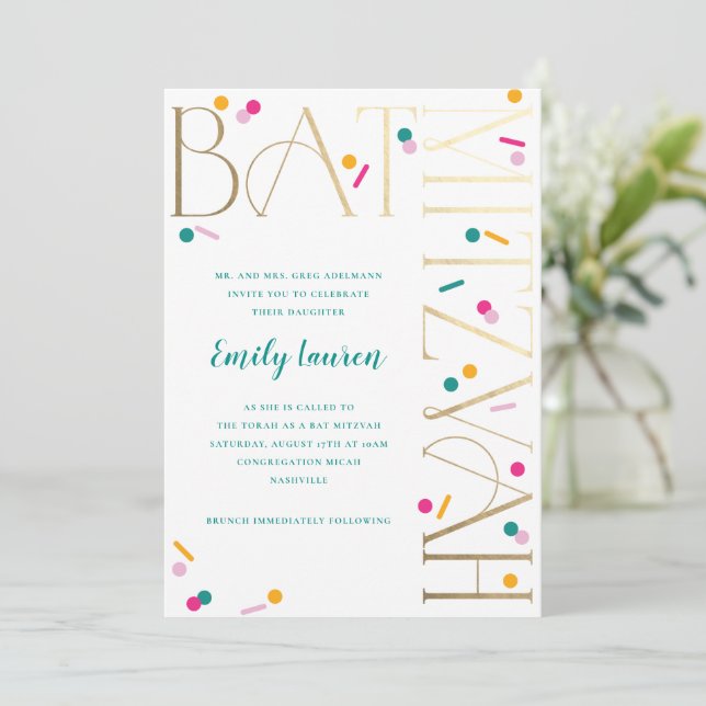 Colourful Confetti Bat Mitzvah Invitation (Standing Front)