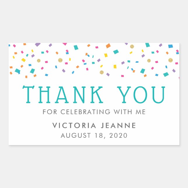 Colourful Confetti Birthday Celebration Thank You Rectangular Sticker (Front)