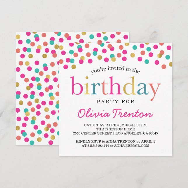 Colourful Confetti Birthday Party Invitations (Front/Back)