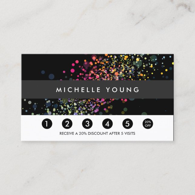 Colourful Confetti Bokeh on Black Modern Loyalty Card (Front)