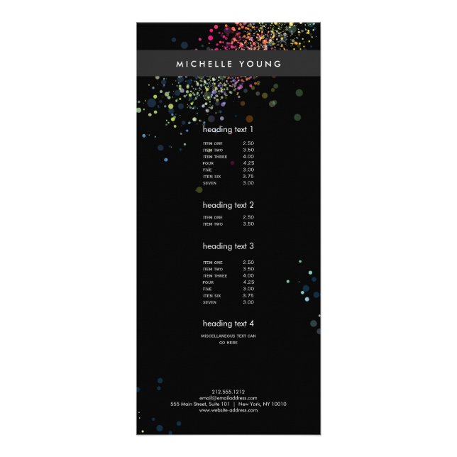 Colourful Confetti Bokeh on Black Modern Rack Card (Front)