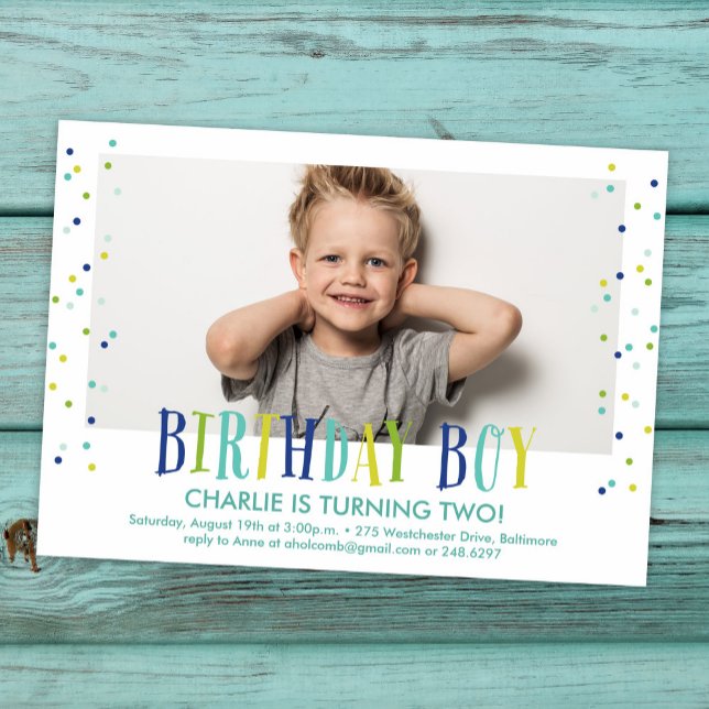 Colourful Confetti Boy Photo Birthday Party Invitation (Creator Uploaded)