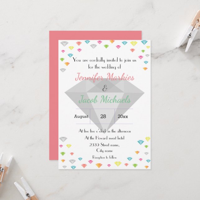 Colourful Confetti & Diamond Wedding Invitation  (Front/Back In Situ)