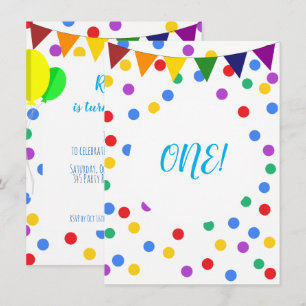 Colourful Confetti Dots and Balloons 1st Birthday Invitation