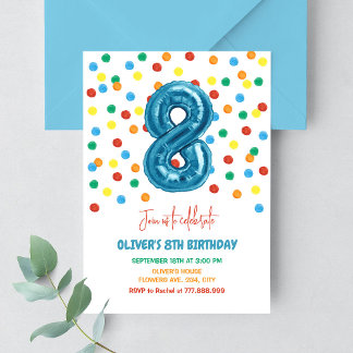 Colourful Confetti Eight Balloon 8th Birthday Boy Invitation