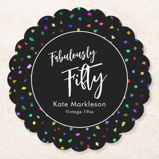 Colourful Confetti Fabulously Fifty Party Black Paper Coaster (Front)