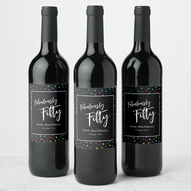 Colourful Confetti Fabulously Fifty Party Black Wine Label (Bottles)