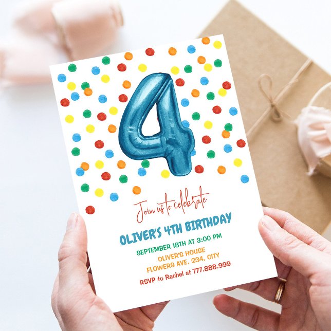 Colourful Confetti Four Balloon 4th Birthday Boy Invitation (Creator Uploaded)