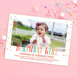 Colourful Confetti Girl Photo Birthday Party Invitation