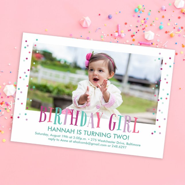 Colourful Confetti Girl Photo Birthday Party Invitation (Creator Uploaded)