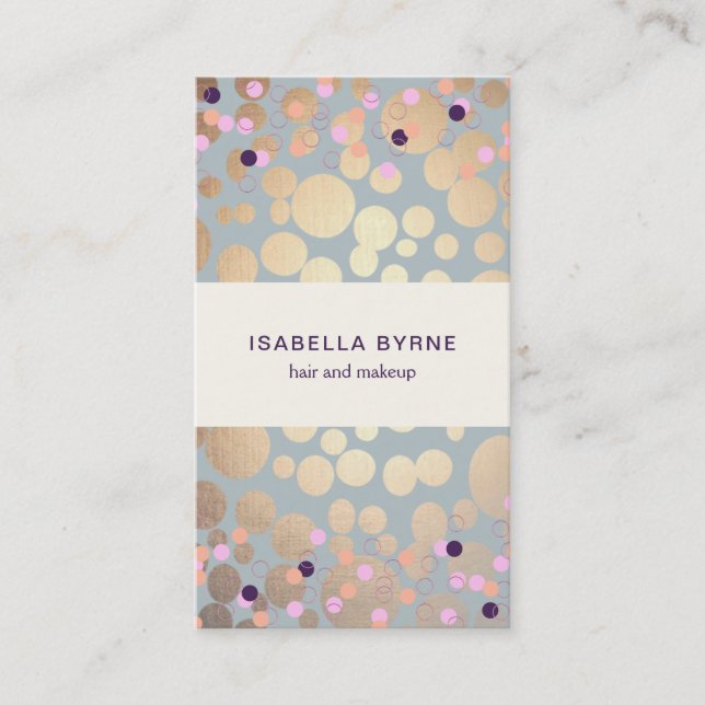 Colourful Confetti & Gold Circles Look Beauty Salo Business Card (Front)