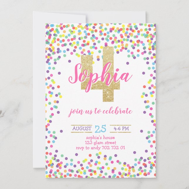 Colourful Confetti Gold Glitter Girl 4th Birthday Invitation (Front)