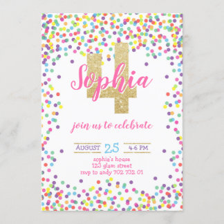 Colourful Confetti Gold Glitter Girl 4th Birthday Invitation