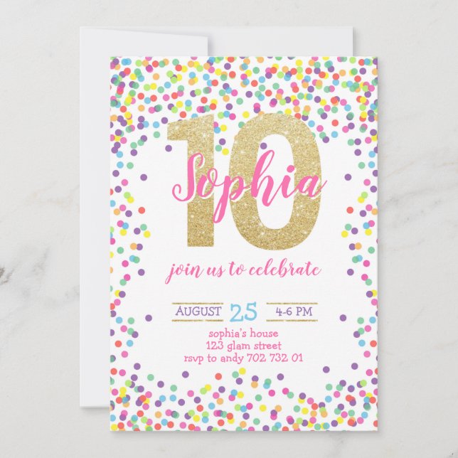 Colourful Confetti Gold Number Girl 10th Birthday Invitation (Front)