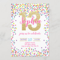 Colourful Confetti Gold Number Girl 13th Birthday