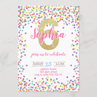 Colourful Confetti Gold Number Girl 6th Birthday Invitation