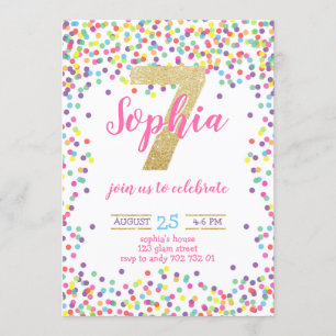 Colourful Confetti Gold Number Girl 7th Birthday Invitation