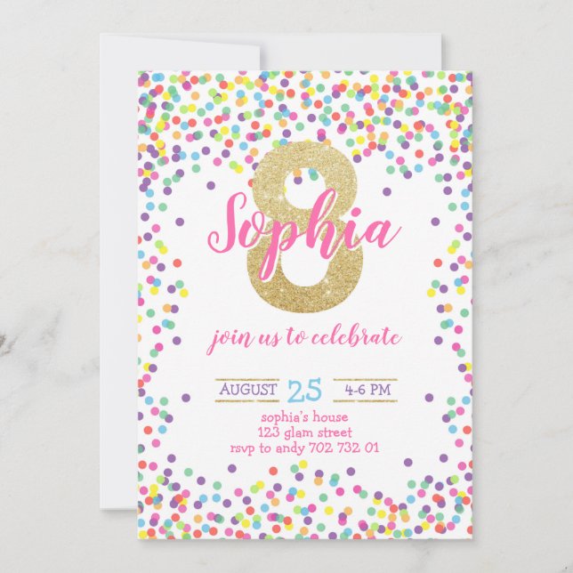 Colourful Confetti Gold Number Girl 8th Birthday Invitation (Front)