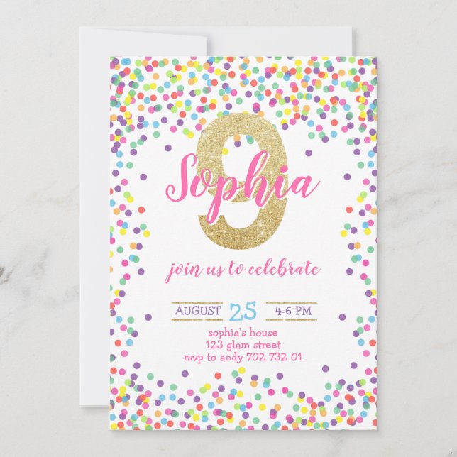 Colourful Confetti Gold Number Girl 9th Birthday Invitation (Front)
