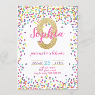 Colourful Confetti Gold Number Girl 9th Birthday Invitation