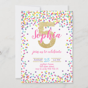 Colourful Confetti Gold Rainbow Girl 5th Birthday Invitation