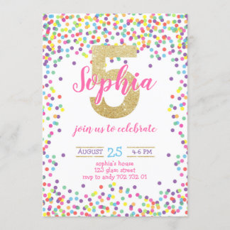 Colourful Confetti Gold Rainbow Girl 5th Birthday Invitation