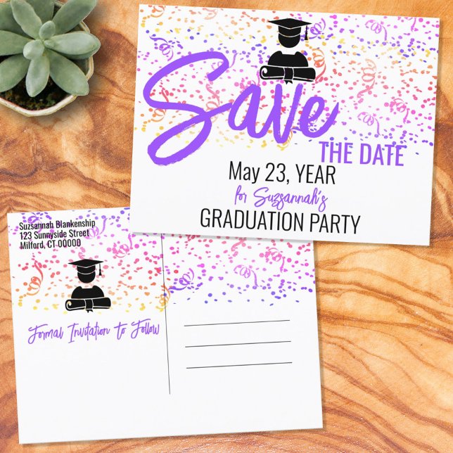 Colourful Confetti Graduation Party Save The Date  Announcement Postcard (Creator Uploaded)
