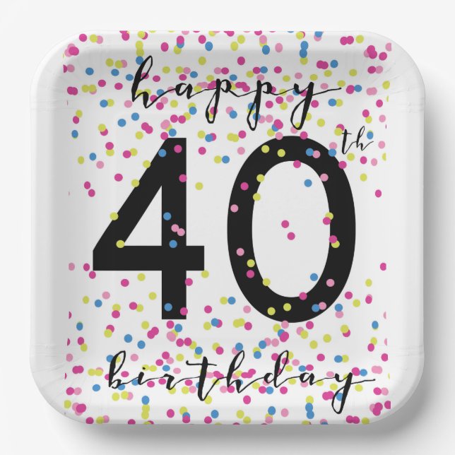 Colourful Confetti Happy 40th Birthday Paper Plate (Front)