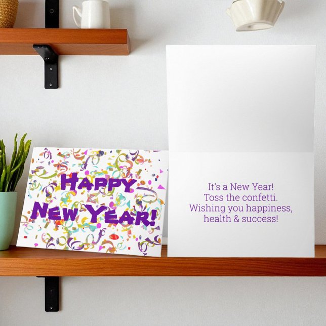 Colourful Confetti Happy New Year Custom Message Holiday Card (confetti front cover front and inside template text greeting card)