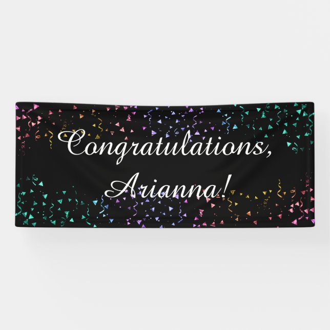 Colourful Confetti on Black Elegant Congratulation Banner (Horizontal)