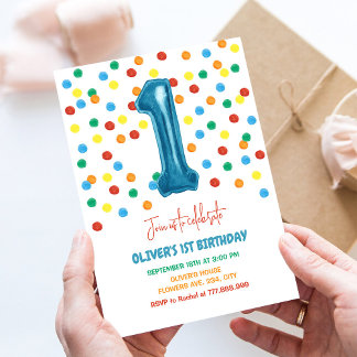 Colourful Confetti One Balloon 1st Birthday Boy Invitation