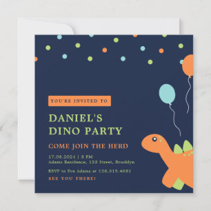 Colourful Confetti Party Dinosaur Birthday Invitation