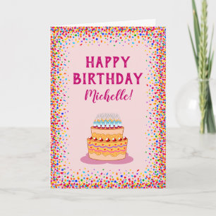 Colourful Confetti Pink Cake Birthday Celebration Card