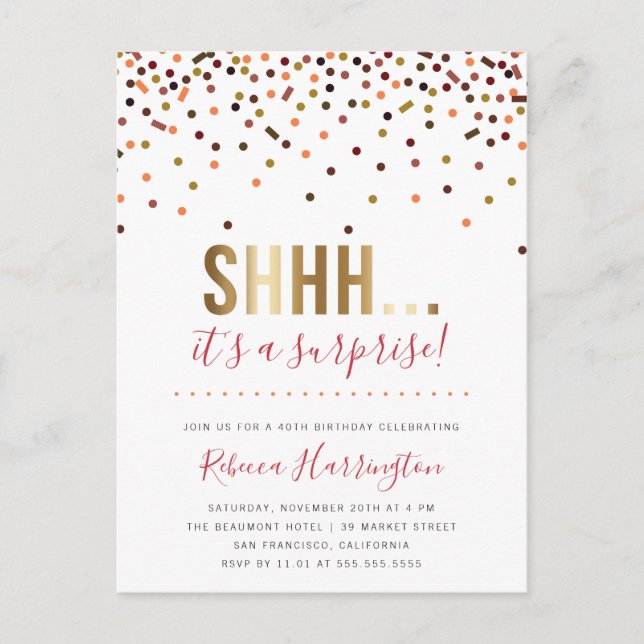 Colourful Confetti Shhh... It's a Surprise Party Invitation Postcard (Front)
