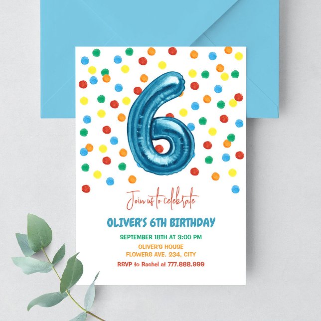 Colourful Confetti Six Balloon 6th Birthday Boy Invitation (Creator Uploaded)