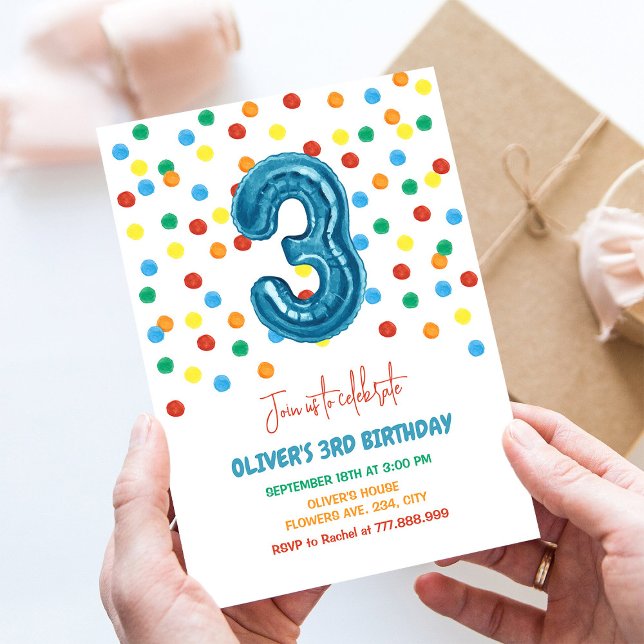 Colourful Confetti Three Balloon 3rd Birthday Boy Invitation (Creator Uploaded)