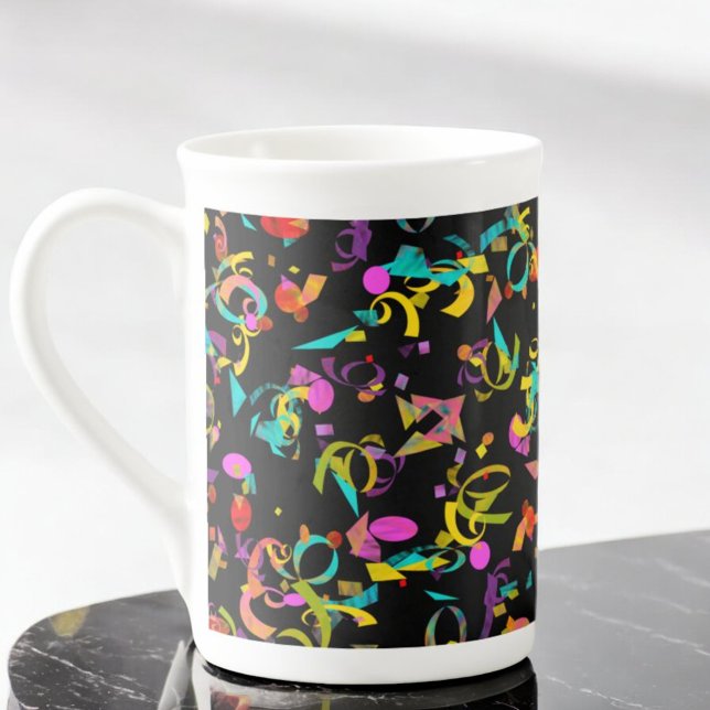 Colourful Confetti Toss Background Over Black Bone China Mug (colorful confetti on black bone china mug)