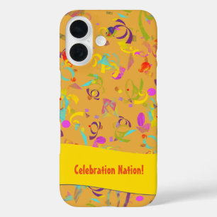Colourful Confetti Toss Over Orange Personalised iPhone 16 Case