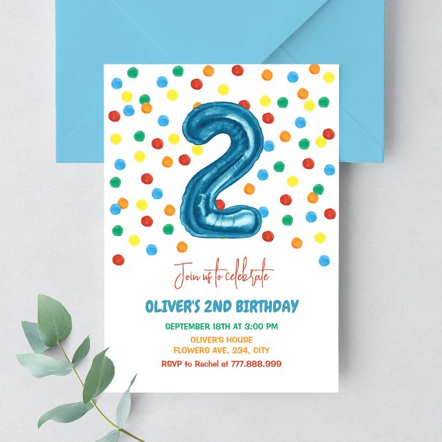 Colourful Confetti Two Balloon 2nd Birthday Boy Invitation (Creator Uploaded)