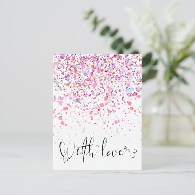 Colourful Confetti With Love Pink Postcard (Standing Front)