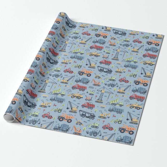 Colourful Construction Truck Birthday Wrapping Pap Wrapping Paper (Unrolled)