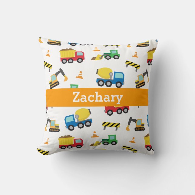 Colourful Construction Vehicles Pattern Boys Room Cushion (Front)