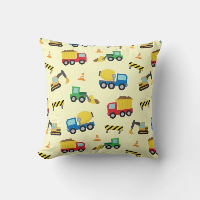 Colourful Construction Vehicles Pattern Boys Room Cushion (Front)