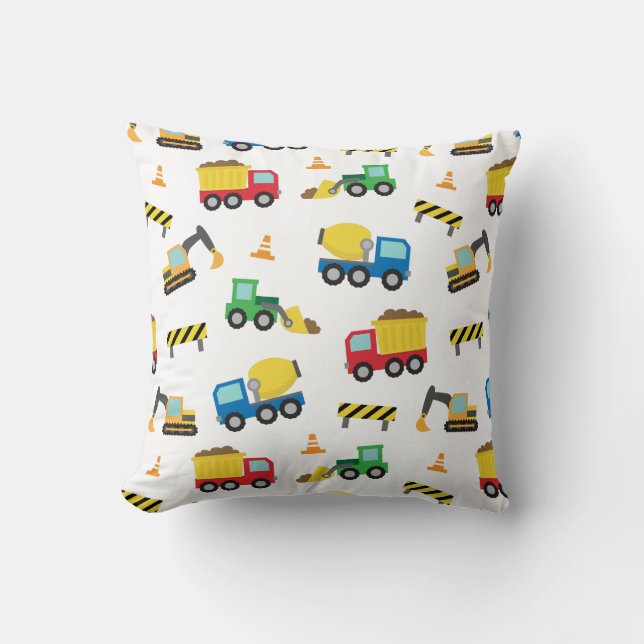 Colourful Construction Vehicles Pattern Boys Room Cushion (Front)