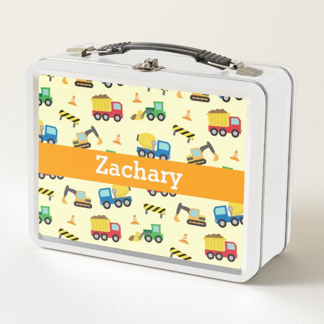 Colourful Construction Vehicles Pattern for Boys Metal Lunch Box (Front)