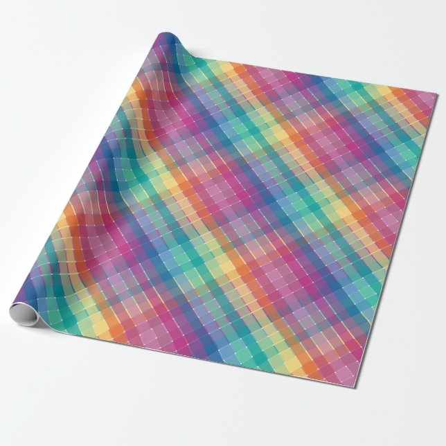 Colourful Contemporary Rainbow Plaid Squares Wrapping Paper (Unrolled)