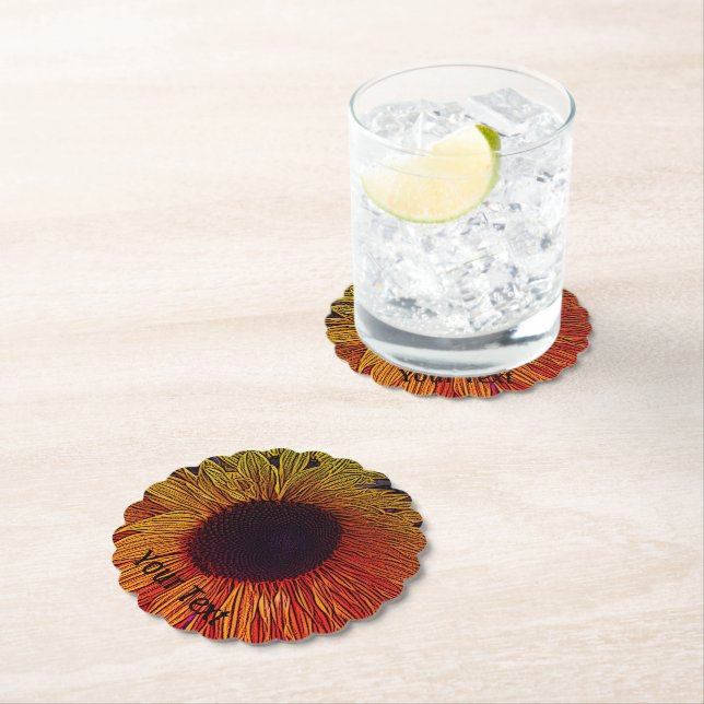 colourful contempory large yellow sun flower  paper coaster (Insitu)