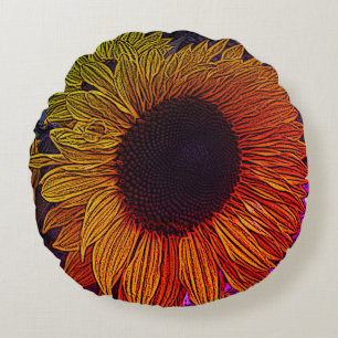 colourful contempory large yellow sun flower round cushion